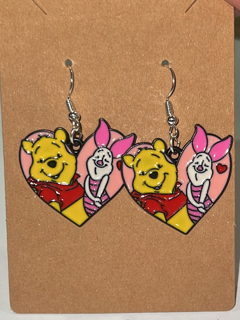 Winnie the Pooh & Piglet Heart Dangle Earrings - Handmade - NEW